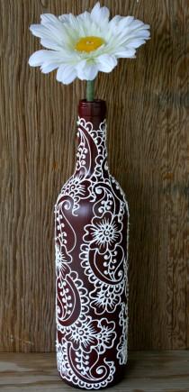 wedding photo - Wine bottle Vase, Henna Influenced Design, Burgundy/Maroon Wine Bottle with white accents