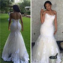 wedding photo - Real Picture 2016 White Lace Mermaid Wedding Dresses Plus Size Bodice Corset Lace Up Back Sleeveless Wedding Gowns Sweep Train Bridal Dress Online with $107.48/Piece on Hjklp88's Store 