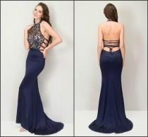 wedding photo -  Sexy Mermaid Evening Dresses Backless 2016 Dark Bue Gowns Lace See Though Neck Halter Backless Party Prom Gowns Long Cheap Evening Wear Online with $120.16/Piece on Hjklp88's Store 