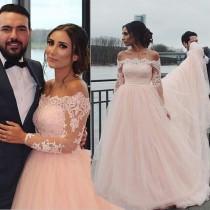 wedding photo -  Vintage Blush Pink Wedding Dresses 2016 Off-Shoulder Long Sleeves Lace Appliques A-line Chapel Train Tulle Garden Plus Size Bridal Gowns Online with $109.8/Piece on Hjklp88's Store 