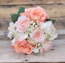 wedding photo - Silk Wedding Bouquet, Wedding Bouquet, Keepsake Bouquet, Bouquet Peach Rose , White Hydrangea And Babies Breath Wedding Bouquet
