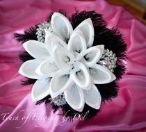 wedding photo - 11" Diamonds in the sky Bridal Brooch Bouquet - Calla Lilies, Ostrich Feathers and Bling + FREE Groom Boutonniere