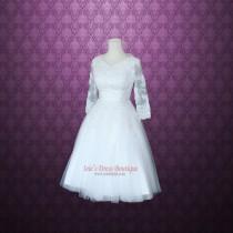 wedding photo - Modest Retro 50s Tea Length Lace Wedding Dress with 3/4 Sleeves  