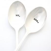 wedding photo - Mr and Mrs spoons, hand stamped silverware. Custom table setting makes a unique engagement gift idea under 25