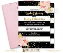 wedding photo - BLACK & WHITE BRIDAL Shower Invitation Pink Peonies Black Stripes Gold Glitter Confetti Printable Invite Rose Free Shipping or DiY- Krissy