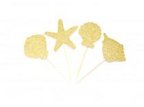 wedding photo - Gold Glitter Shell & Starfish Cupcake Toppers  -  Birthday Cupcake Topper, shell cupcake toppers, mermaid party, sea party
