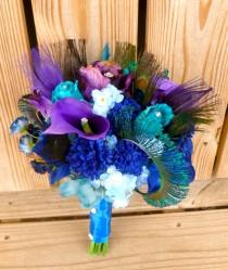 wedding photo - Purple blue bridal bouquet with teal, rhinestone, peacock feather accent