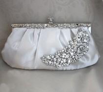 wedding photo - Bridal Clutch -diamond white  satin with Swarovski Crystal brooch -ready to ship
