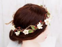 wedding photo - Wedding Floral Crown, Bridal Head Wreath, Flower Girl Wreath, Ivory Hair Crown, Woodland Floral Head Wreath