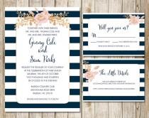 wedding photo - Navy Striped Nautical Wedding Printable Invite - Paper Goods, Gold Foil Wedding, Navy and Blush Floral Digital Printable Invitation Print