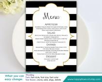 wedding photo - DiY Printable Wedding Menu Template - Instant Download - EDITABLE TEXT -  Black & White Stripes, Gold Frame 5"x7" - MS® Word Format HBC7n
