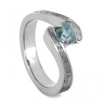 wedding photo - Aquamarine Engagement Ring, White Gold Ring With Partial Meteorite Inlays and a Rough Cut Aquamarine Center Stone