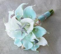 wedding photo - Silk Flower Wedding Bouquet - Aqua Mint Robbin's Egg Calla Lilies Natural Touch with Crystals Seashells and Starfish Silk Bridal Bouquet