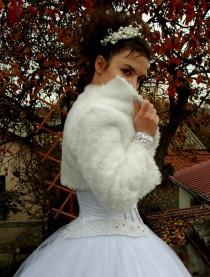 wedding photo - Snowflake - Faux Fur Bolero, Bridal Bolero, High Collar, Satin Linning, Brooch, Bridal Shrug