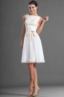 wedding photo - Knee Length Modest White Chiffon Lace Short Bridesmaid Dress