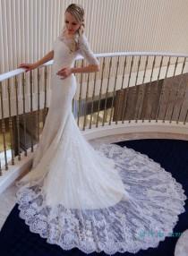 wedding photo - H1633 Modest lace scalope half sleeves mermaid wedding dress