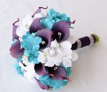 wedding photo - Silk Wedding Brooch Bouquet - Off White and Teal Turquoise Hydrangeas and Purple Natural Touch Calla Lilies