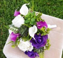wedding photo - Wedding Succulents and Roses Bouquet -Purple Roses and Callas Natural Touch Silk Flower Bride Bouquet