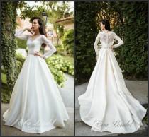 wedding photo -  Charming Ivory Satin A Line Wedding Dresses Lorence Lace V Neck Long Sleeves Bodice With Ribbon Belt 2016 Sweep Train Garden Bridal Gowns Online with $106.71/Piece on Hjklp88's Store 