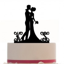 wedding photo -  Custom Wedding Cake Topper Silhouette With 2 Monogram Personalized Initials for Groom & Bride, choice of color, and a FREE base for display