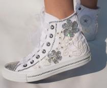 wedding photo - Romantic wedding converse, High top  wedding trainers with  crystals, lace & pearls. Wedding trainers,  wedding tennis shoes