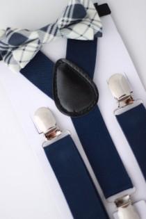 wedding photo - SUSPENDER & BOWTIE SET.  Newborn - Adult sizes. Navy Blue Suspenders. Navy / Cream plaid bow tie.