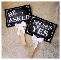 wedding photo - He asked, She said yes Engagement Paddles - chalkboard style - great engagement or save the date photo props - Rustic Rose Design