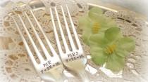 wedding photo - Mr. & Mrs. Forks with Wedding Date. Wedding Cake Fork Set. Custom Hand Stamped Vintage Silverware by PrettyAgnes.