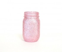 wedding photo - Light Pink Glittered Pint Mason Jar, Flower Vase, Wedding Decoration, Makeup Brush Holder, Pen and Pencil Holder, Bulk Discount Available