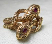 wedding photo - Snake Ring 14K Unique Engagement Ring Double Serpent Ring Ruby Ring Vintage 14K Gold Serpent Art Deco Ring July Birthday