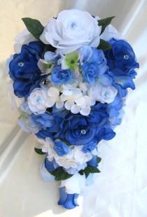 wedding photo - Wedding bouquet Bridal Silk flowers Cascade ROYAL BLUE WHITE Periwinkle 17 pc package Free shipping Centerpieces RosesandDreams