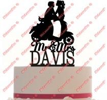 wedding photo - Custom Wedding Cake Topper Monogram Mr&Mrs Vespa Silhouette Personalized With Your Last Name, choice of color, and a FREE base for display