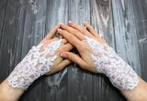 wedding photo - Short Pure White Shiny Beaded Lace Wedding Gloves, Free Shipping, French Lace Long Gloves, Spectacular Bridal Wedding