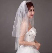 wedding photo - Beautiful Bridal veil  white beaded veil short veil 2 layers romantic bead ivory veil  with comb