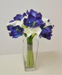wedding photo - Blue Real Touch Bouquet - White Calla Lilies, Blue Cymbidium Orchids, Destination Wedding Bouquet, Tropical Wedding Bouquet, Blue Bouquet