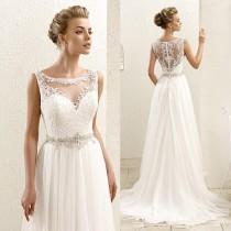 wedding photo -  2016 New Sleeveless Lace Illusion Neckline Plus Size Chiffon Wedding Dresses Lace Bridal Gowns Sweep Train Button Online with $100.52/Piece on Hjklp88's Store 