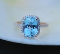 wedding photo - Aquamarine Ring 14k Rose Gold Ring 3.47ct Seafoam Blue Green emerald cut aquamarine engagement ring