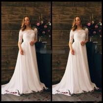 wedding photo - Stunning Arabic Garden Beach Summer Lace Wedding Dresses Sheer Half Sleeve 2016 White Chiffon Appliques Simple Bridal Gowns Ball Online with $97.43/Piece on Hjklp88's Store 