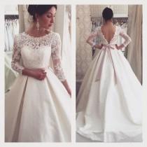 wedding photo -  Vintage Lace Winter Fall Wedding Dresses 3 4 Long Sleeve Sheer Illusion Cheap Satin Covered Button Plus Size Bridal Ball Gowns With Belts Online with $108.25/Piece on Hjklp88's Store 