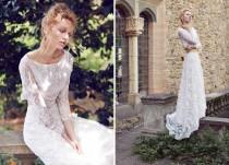 wedding photo -  Dramatic Two Pieces Wedding Dresses Garden Long Sleeve A Line French Lace Sweep Train Scoop Neck Summer Beach Boho Bridal Ball Gowns Custom Online with $112.89/Piece on Hjklp88's Store 