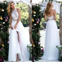 wedding photo -  Sexy Boho Wedding Dresses Two Pieces Beaded High Neck Backless Beach Bridal Gowns Lace Tulle A Line Ball Gown 2016 Cheap Custom Made Online with $104.39/Piece on Hjklp88's Store 