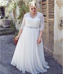 wedding photo - Hot Illusion Half Sleeves Wedding Dresses Beading Sash Lace Appliques 2016 Plus Size Bridal Dress A-Line Chiffon Women Bridal Ball Gowns Online with $97.43/Piece on Hjklp88's Store 