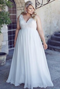 wedding photo -  Stunnng Plus Size Beach Wedding Dresses 2016 Chiffon Garden A Line V Neck Appliques Sweep Train Lace Up Back Lace Bridal Ball Gowns Online with $100.52/Piece on Hjklp88's Store 