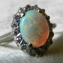 wedding photo - Opal Ring Diamond Halo Opal Engagement Ring 14K Opal Diamond Ring Australian Opal Ring October Birthstone