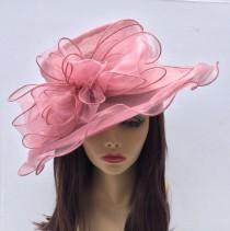 wedding photo - Blush Pink Organza Kentucky Derby Hat, Bluch Pink W Ruffles Church hat, Pink Hat, Tea Party Hat, Fashion Hat, Church Hat, Derby Hat