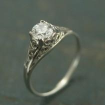 wedding photo - 14K White Gold Vintage Style Filigree Engagement Ring--Cinderella--Moissanite, White Topaz, White Sapphire, or CZ--Antique Style Ring