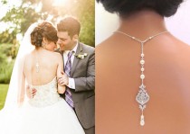 wedding photo - Backdrop Bridal necklace, Wedding back drop necklace, Pearl Backdrop necklace, Pearl necklace, Bridal crystal necklace, Bridal jewelry, EMMA - New