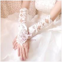 wedding photo - Bridal Gloves, Square Embroidered Satin Cutout Fingerless Gloves, Wedding Gloves, Wedding Accessory BG0009