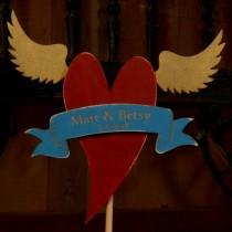 wedding photo - Wedding Cake Topper - Winged Heart w CUSTOM MESSAGE  - assorted color banners and fonts available