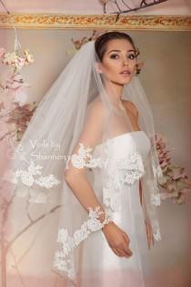 wedding photo - Double Layers Cathedral Drop Veil With Elbow Legnth Blusher, Two Tiers Chapel Wedding Veil, Lace Bridal Veil, Long Tulle Veils Style V15C